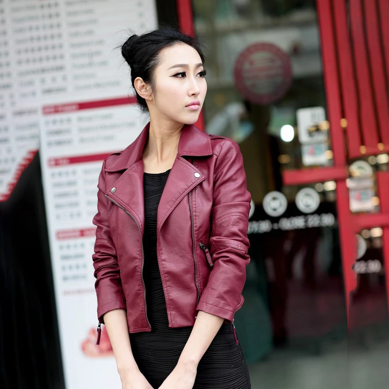

Women Casual jacket Polyurethane Leather Motorcycle jacket sexy cool solid club streetwear Zipper Lapel Slim Fit crop Coat lady