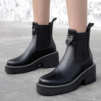 

Top 2020 Auutmn Winter Ladies Boots Genuine Leather Platform Thick Heels Shoes Women Lace Up Party Basic Shoes Woman