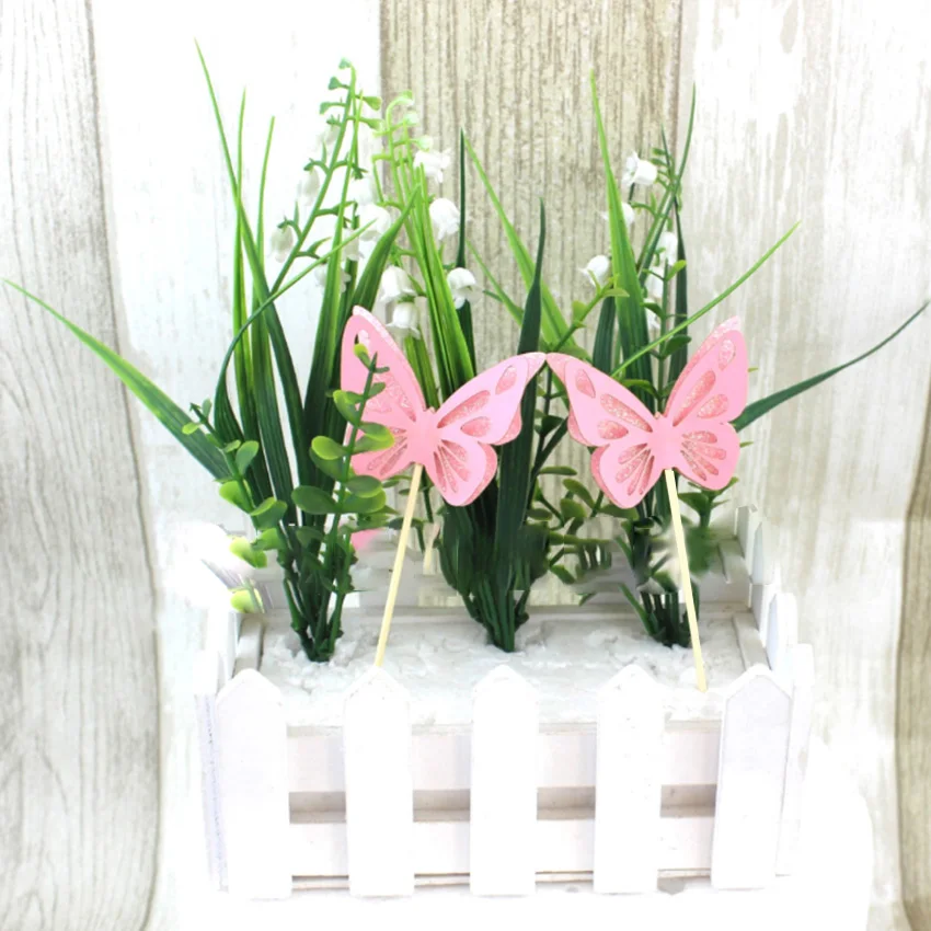 

50PCS New Creative Three-dimensional Flash Pink Butterfly Dessert Decoration for Cake Insertion at Birthday Wedding Party