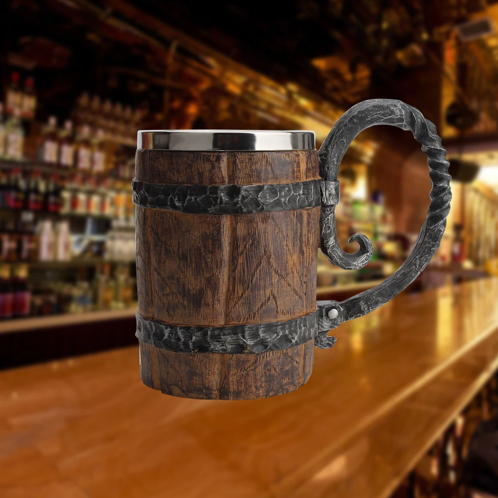 

Simulation Wooden Barrel Beer Mug Double Wall with Handle Stainless Steel Bucket Shaped Beer Cup Drinkware for Bar Restaurant