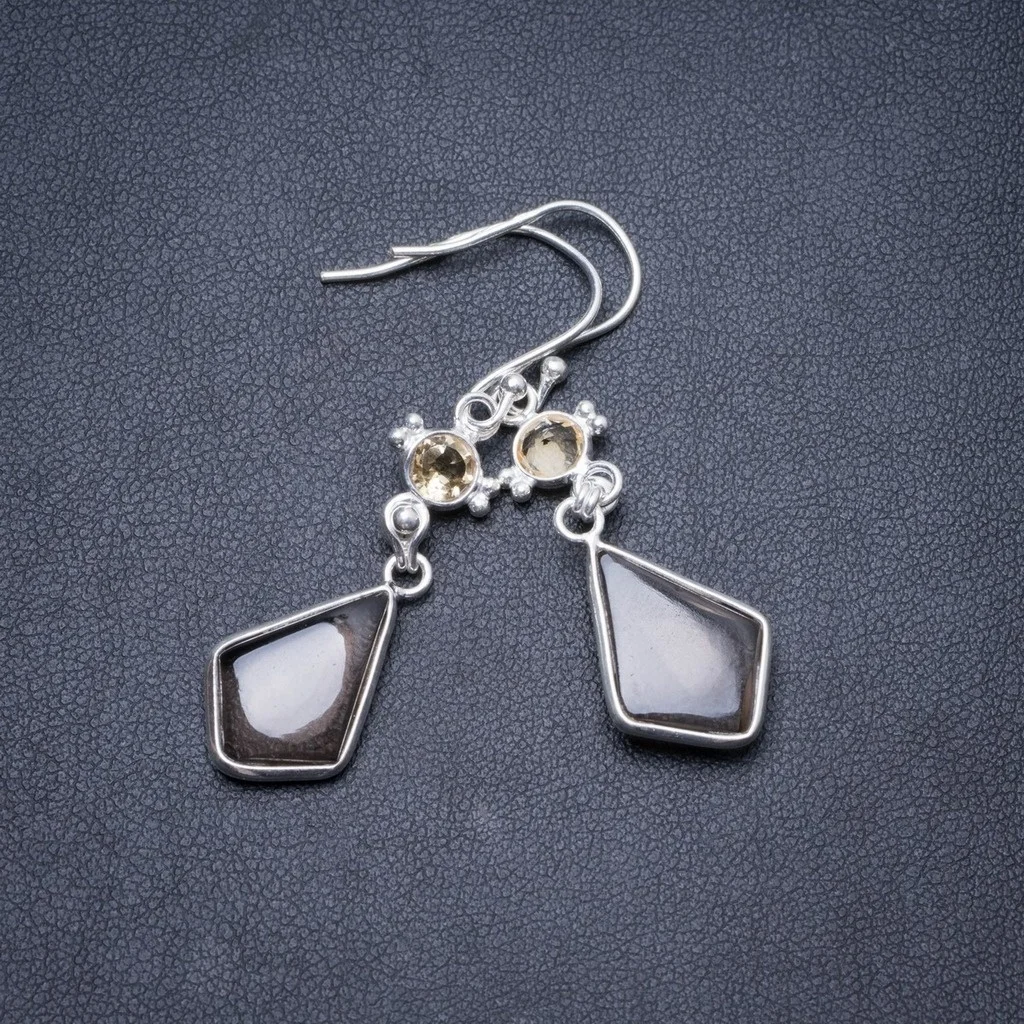 

Natural Smoky Quartz and Citrine Handmade Unique 925 Sterling Silver Earrings 1 3/4" Y2325