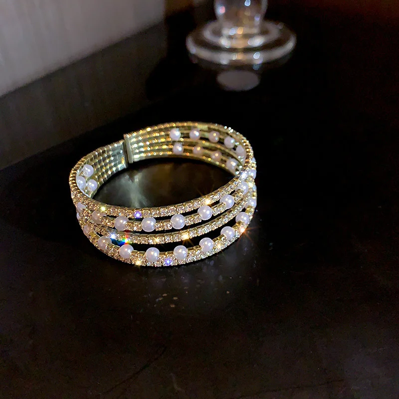 FYUAN Geometric Multilayer Rhinestones Bracelet & Bangles For Women Pearl Cuff Bracelets Weddings Jewelry bangle bracelet