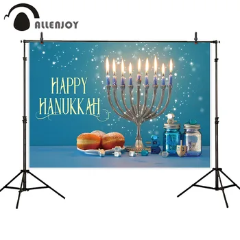 

Allenjoy Glitter Blue Banners Cakes Bottles Happy Hanukkah Nine Candle Light Photobooth Curtains Jewish Anniversary Wallpapers
