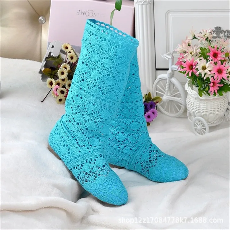 Botas altas de lana para mujer, botines calados de marca de lujo a la moda, botas de encaje blancas, zapatos planos casuales ahuecados para primavera y verano
