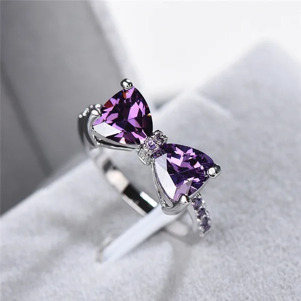 ZHOUYANG кольца для женщин и девочек с фиолетовыми кристаллами, романтическое кольцо с бантом, милые модные ювелирные украшения серебряного цвета, вечерние, повседневные, KAR254