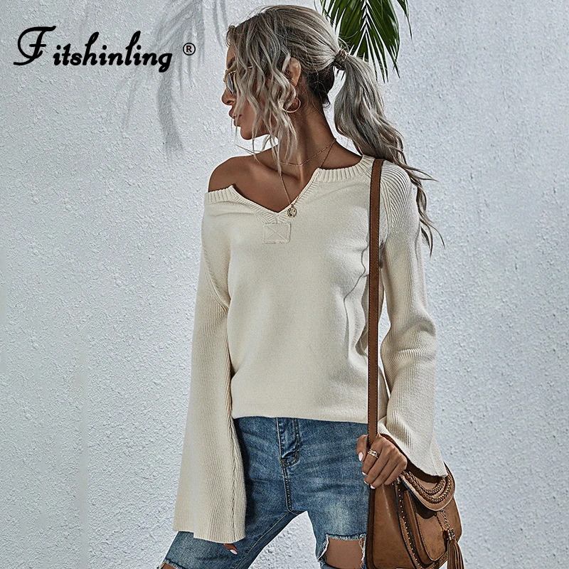 Fitshinling Bohemian Flare Sleeve Women Sweaters And Pullovers Holiday Solid Slim Jumper Knitwear V-Neck Sweater Female Clothes | Женская