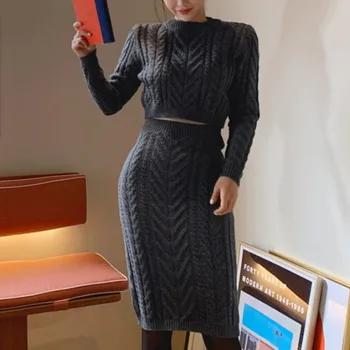 

New Arrive Korean Style Knitting Pullovers Sweater + Knitted Elastic Twist Skirts Women 2020 Fall Winter 2 Pieces Suits Set