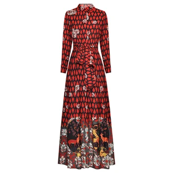 

Red RoosaRosee Designer Runway 2020 Women Summer Wrist Sleeve Loose Lace Up Print Long Maxi Dress Elegant Party Vestidos Robe