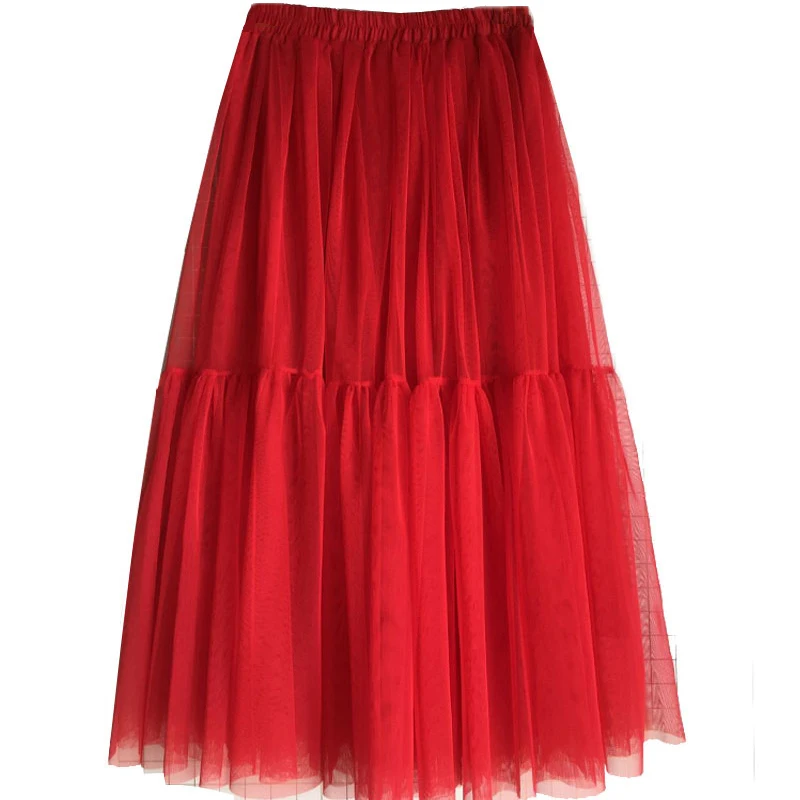 Весна осень зима красная длинная сетка Многоуровневая Офисная Женская юбка винтажная многослойная плиссированная пляжная дорожная Высокая уличная юбка с эластичным поясом