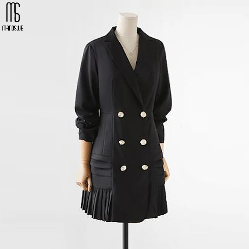 

Manoswe Black Large Size Women Suit Dress Autumn Elegant Sexy Office Lady Stitching Double-breasted Pleated Hem Blazer Dress