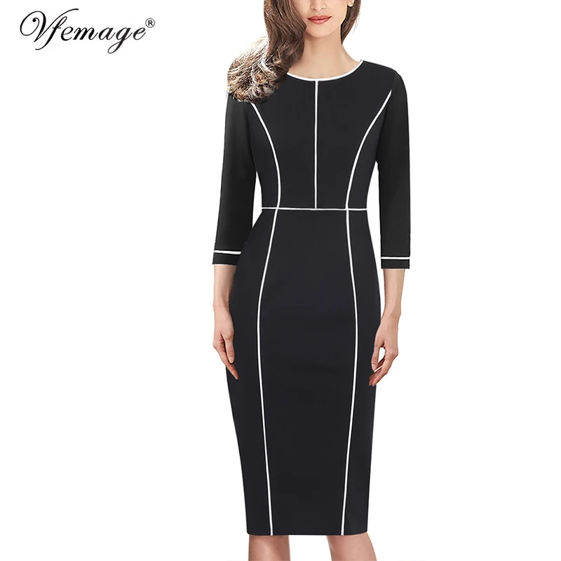 Vfemage Womens Autumn Elegant Colorblock Patchwork Contrast Slim Fit Casual Work Business Office Party Bodycon Pencil Dress 367