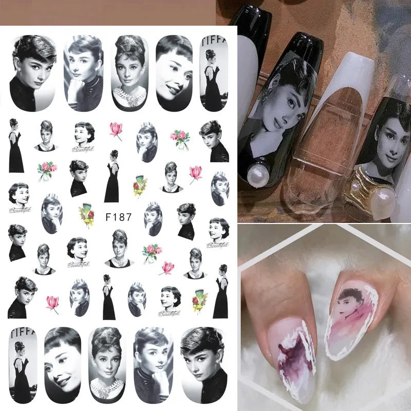 Audrey Hepburn Marilyn Monroe Sliders for Nails Sexy Lady Face Jesus Angel 3D Sticker nails Designer Nail Foil Manicure B01 | Красота и