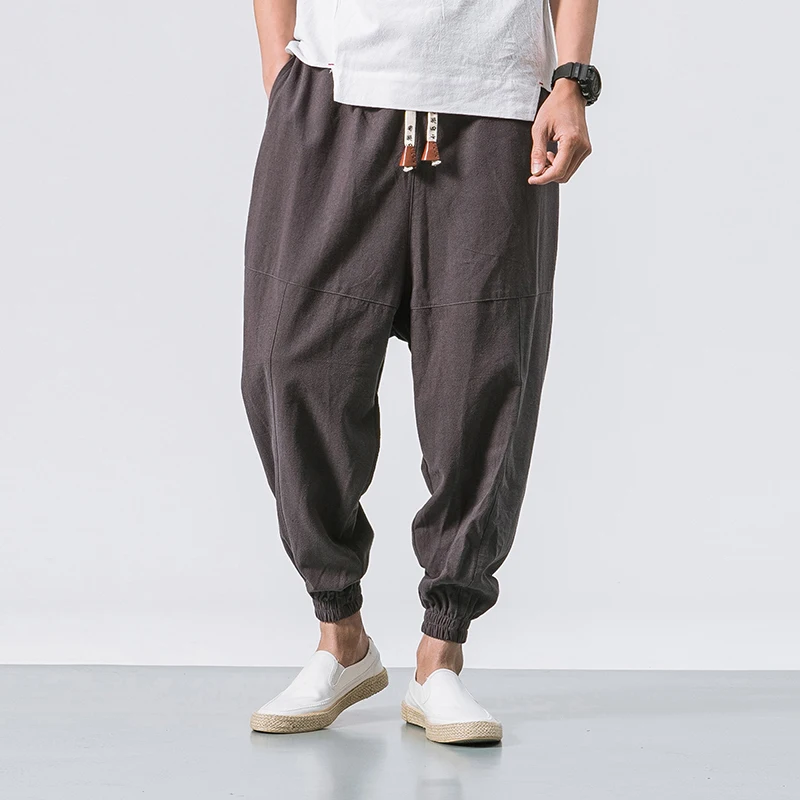 Летние льняные шаровары, мужские хип-хоп брюки, мужские джоггеры, мужские широкие брюки, Hombre Ретро китайский стиль, тонкие спортивные штаны 5XL - Цвет: grey