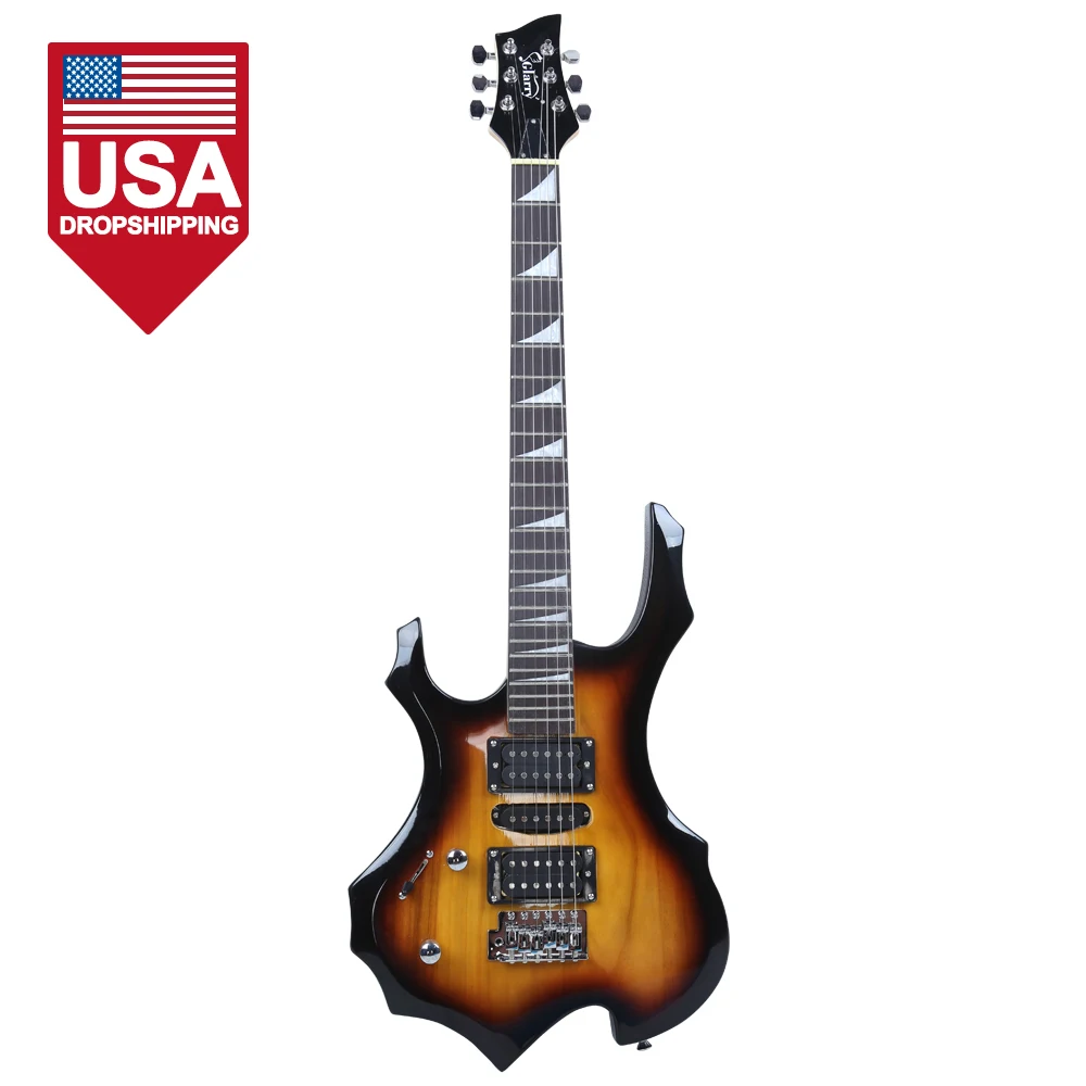 

Glarry Flame Left Hand Electric Guitar HSH Pickup Shaped Electric Guitar Pack Strap Picks Shake Cable Wrench Tool Sunset Color