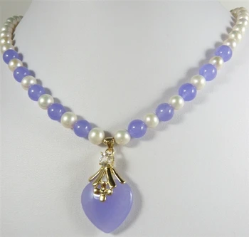 

pretty 7-8mm mixed white pearl & purple Jade bead + heart Jade pendant necklace