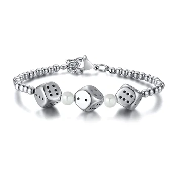 

Stainless Steel Beaded Bracelet with Dice Charms Silver Color for The Wristband 7" Adjustable
