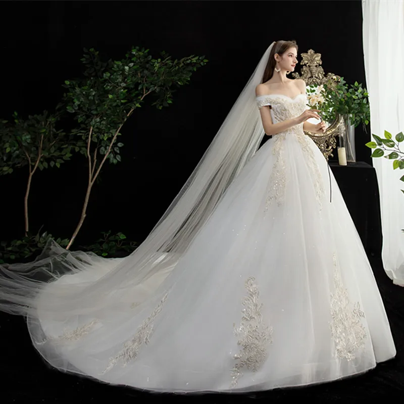Горячая Распродажа, корейское кружевное платье с аппликацией, Vestidos De Novia, свадебное платье, модное Сексуальное Милое роскошное бальное платье с v-образным вырезом и открытыми плечами