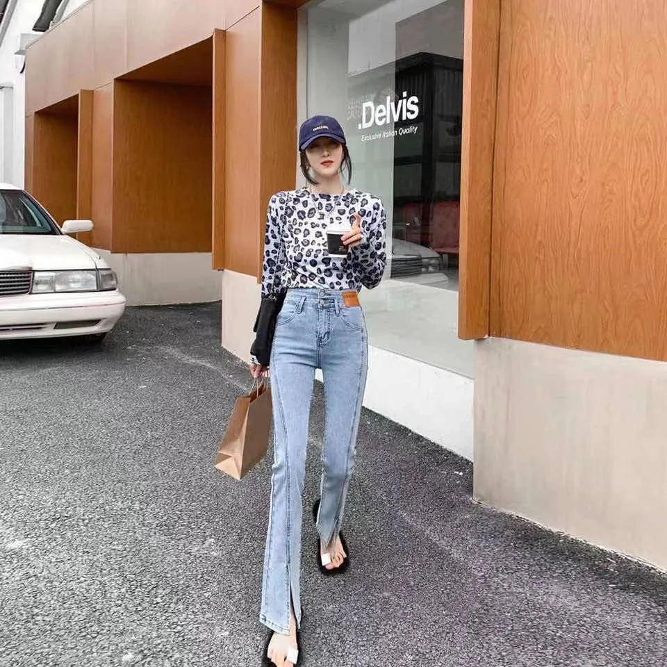 Summer Autumn Casual High Waist Split Flare Jeans For Women Casual Slim Stretchable Long Denim Pants Ladies Chic Boot Cut Jeans