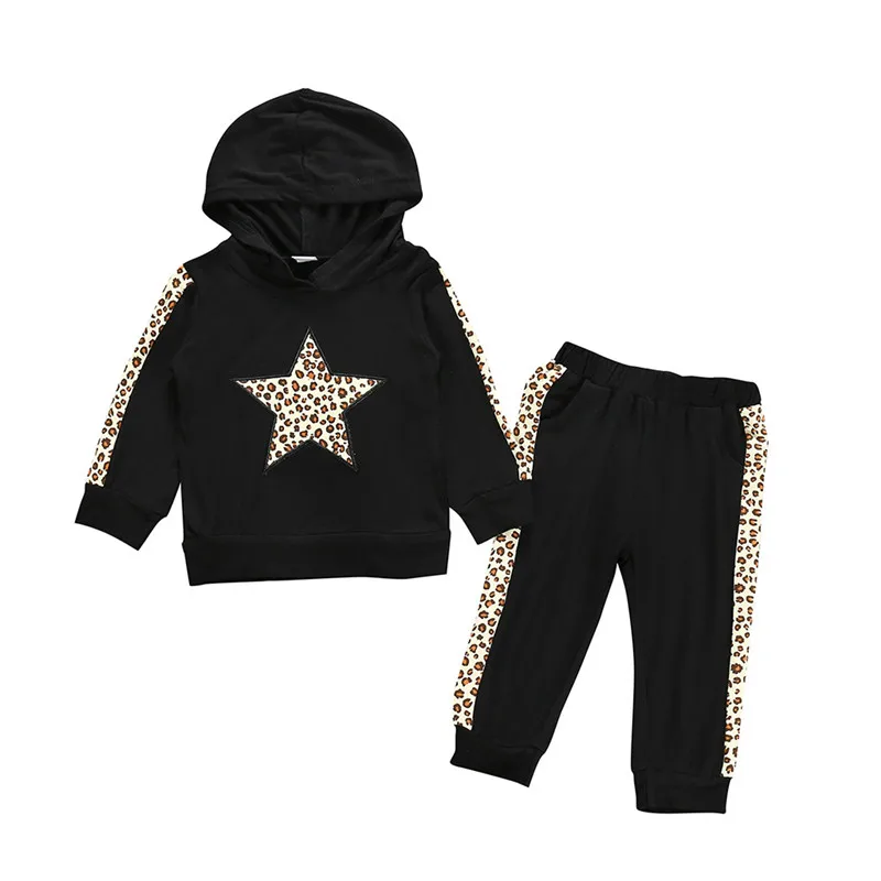 LONSANT комплект одежды для маленьких девочек; комплекты одежды с леопардовым принтом и звездами для маленьких девочек; толстовки и штаны; Детский комплект; детская одежда - Цвет: Черный