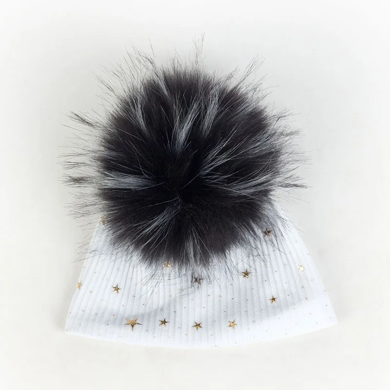 Geebro мягкие брызги краски звезды ребристые хлопковые шапки-бини с помпон с искуственным мехом для новорожденных девочек мальчиков осень зима детские шапки - Цвет: White11