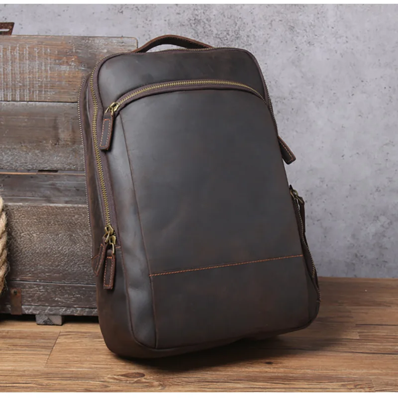 Front View of Woosir Leather Laptop Backpack with Trolley Sleeve and Double Compartments