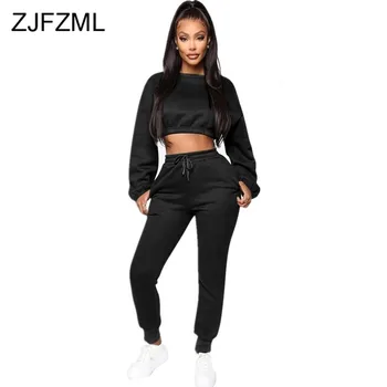 

Fleece Causal Two Piece Set Winter Clothes for Women O Neck Full Sleeve Crop Top and Pockets Long Pants Plus Size Autumn Set
