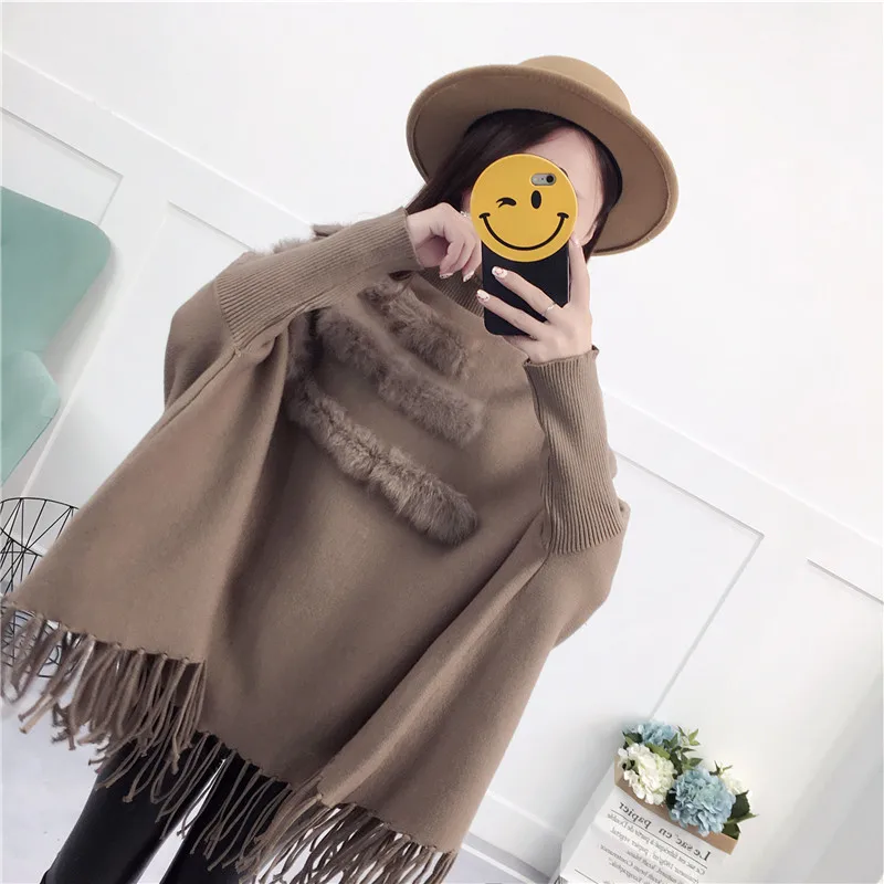 Real Rabbit Fur Patchwork Cloak Turtleneck Pullover Cape And Poncho Shawl Fashion Tassel Women Autumn Winter Bat Sleeves Sweater