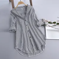 Women Shirts Stripe Cotton Long Sleeve Turn-down Collar Pink Button Loose Temperament Elegant Autumn Plus Size Blouse Shirts 2