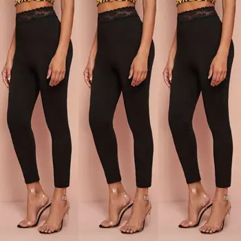 

Ladies Women Fashion Plain Cotton Capri Leggings with Hem LACE TRIM Skinny S M L XL