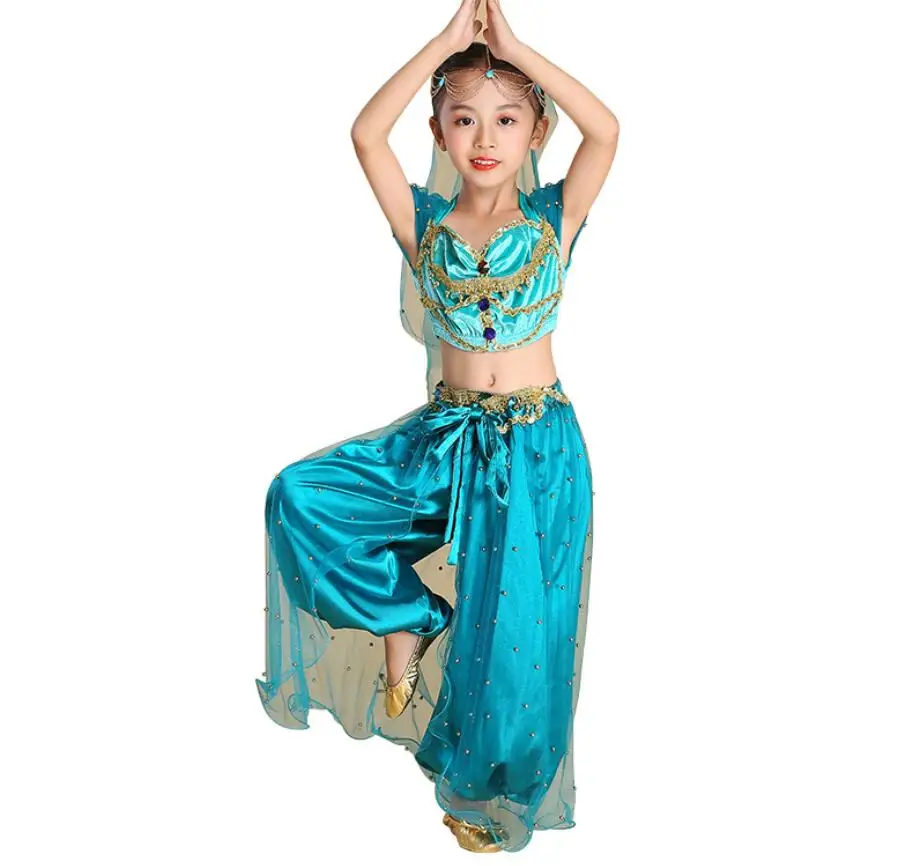 Бирюзовый Классический Aladdin Deluxe Jasmine костюм для девочек, женский костюм арабского принца, детский костюм для сценического шоу, нарядный наряд синего цвета, большой