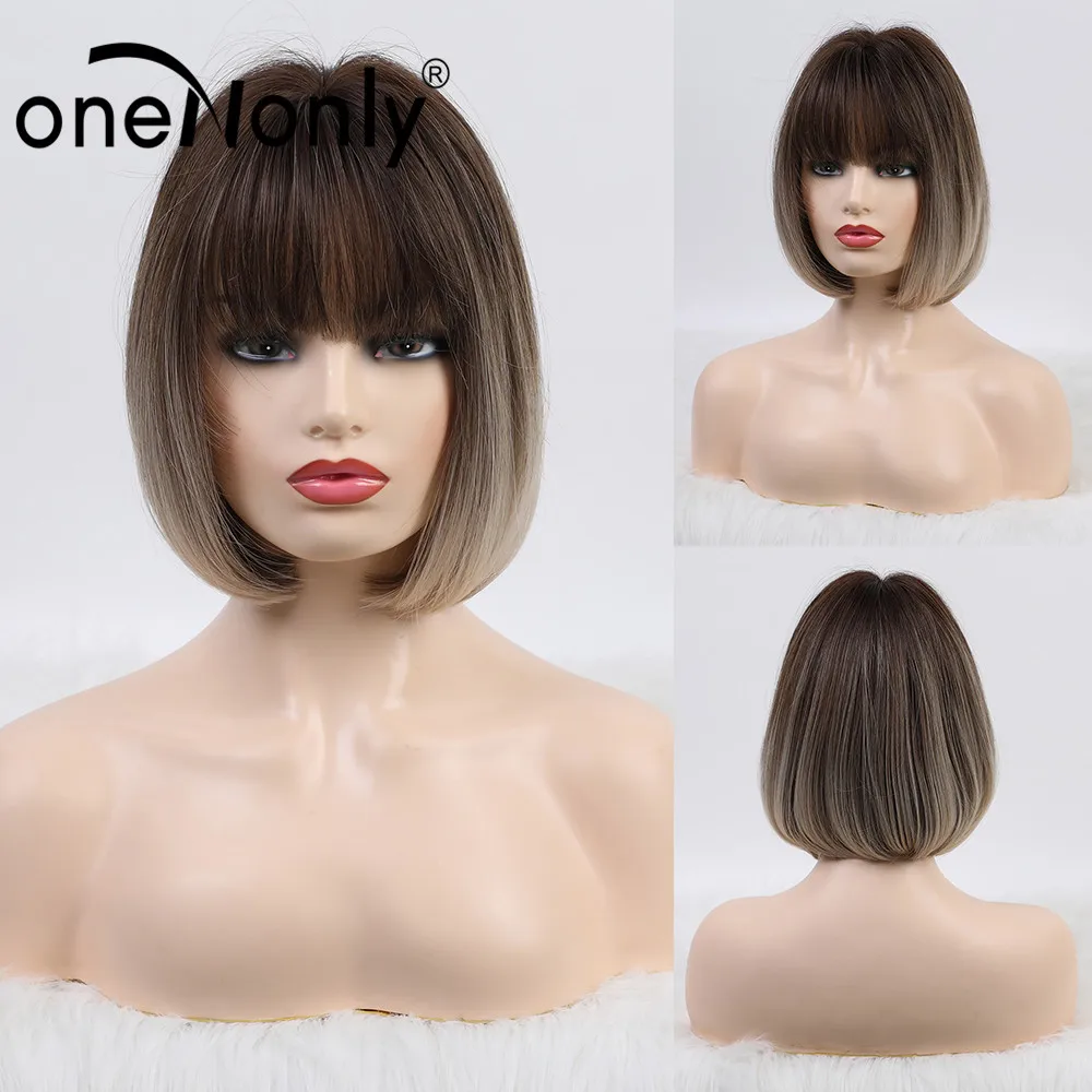 

oneNonly 10'' Synthetic Wigs for White Black Women Ombre Brown BoBo Wig with Brown Root Natural Wigs for Wholesale Free Shipping