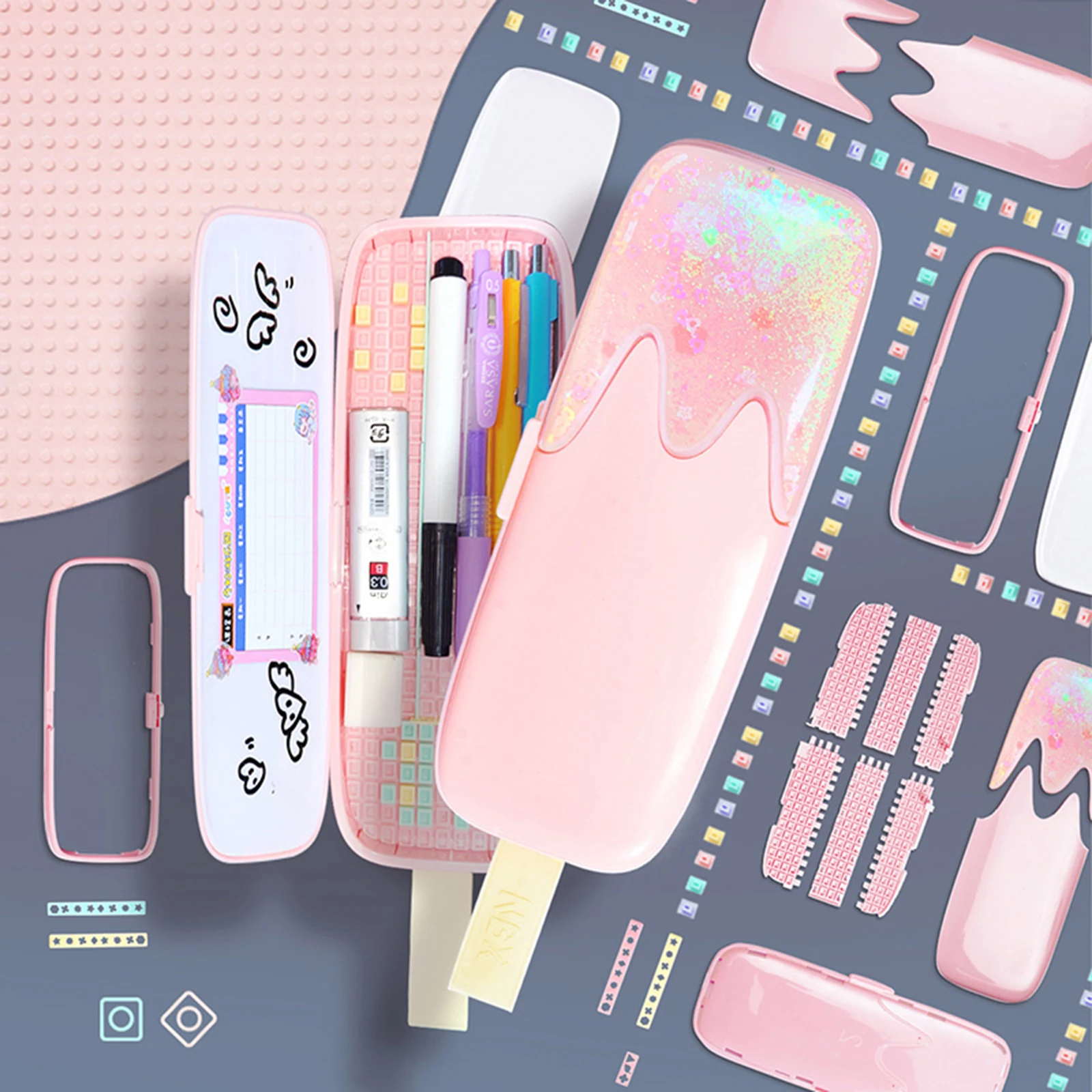 

Double Layer Pen Holder Stationery Box DIY Quicksand Stationery Box DIY Assembling Diy Puzzle Blocks Hand-Assembled Pen Case