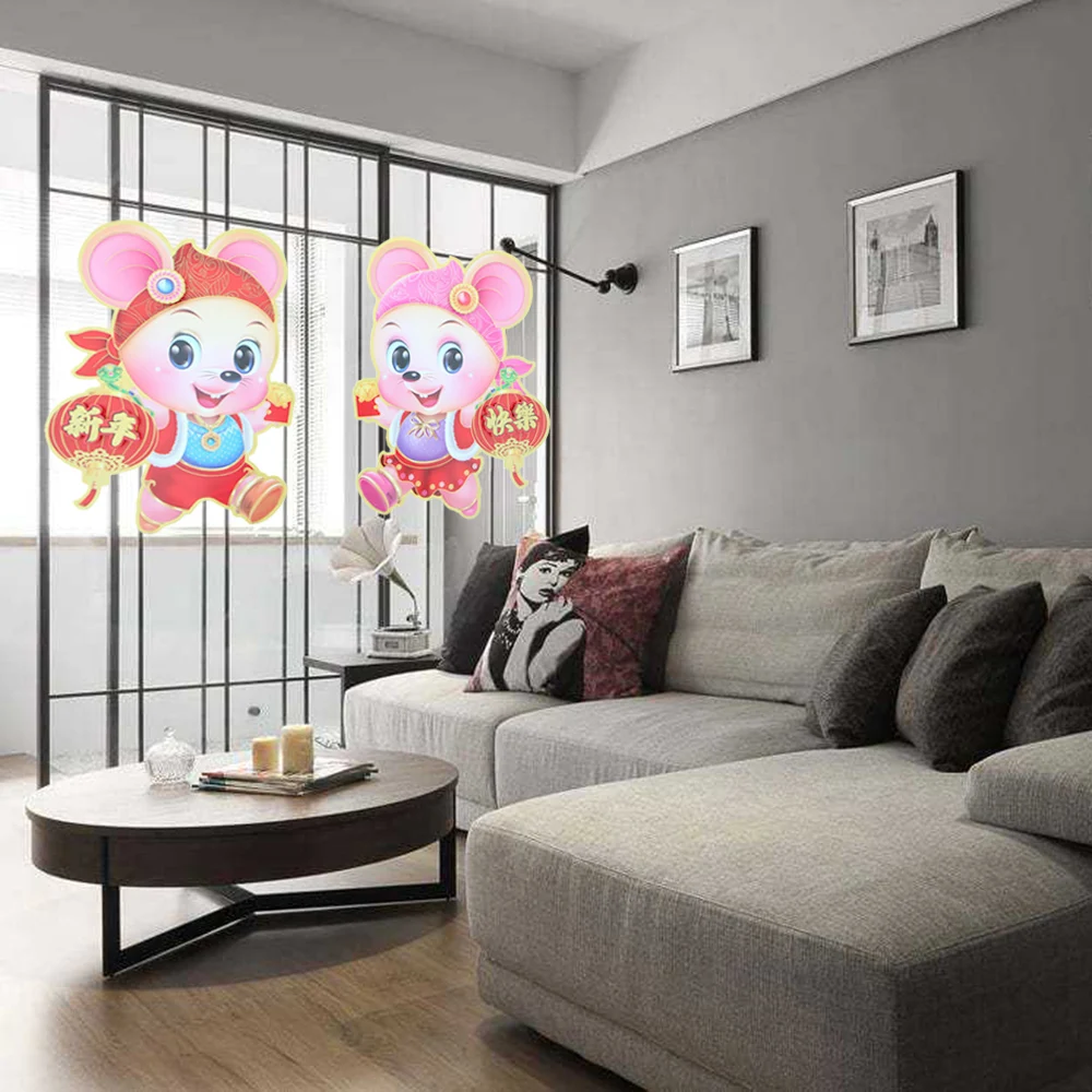 2 Pcs Chinese New Year Decor Fu Spring Festival Mouse Zodiac Paper Good Luck Hanging Home Decor for Windows Wall Doors