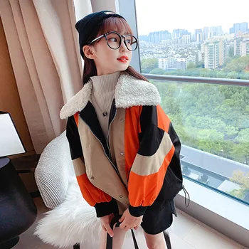 

Children Winter Jackets For Girls Thicken Warm Short Windbreaker Fahion Kids Color Matching Trench Coat Plush Lapel Loose Jacket