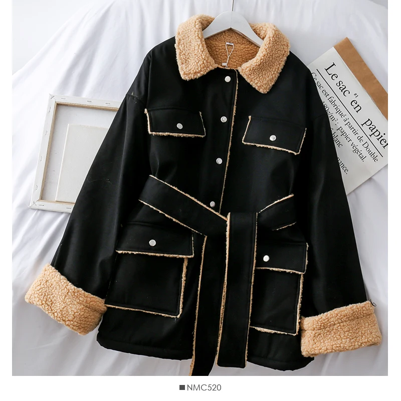 Mooirue Winter Women Lamb Cashmere Jackets With Sashes Patchwork Pockets Vintage Streetwear Koren Style Long Cardigan Coats