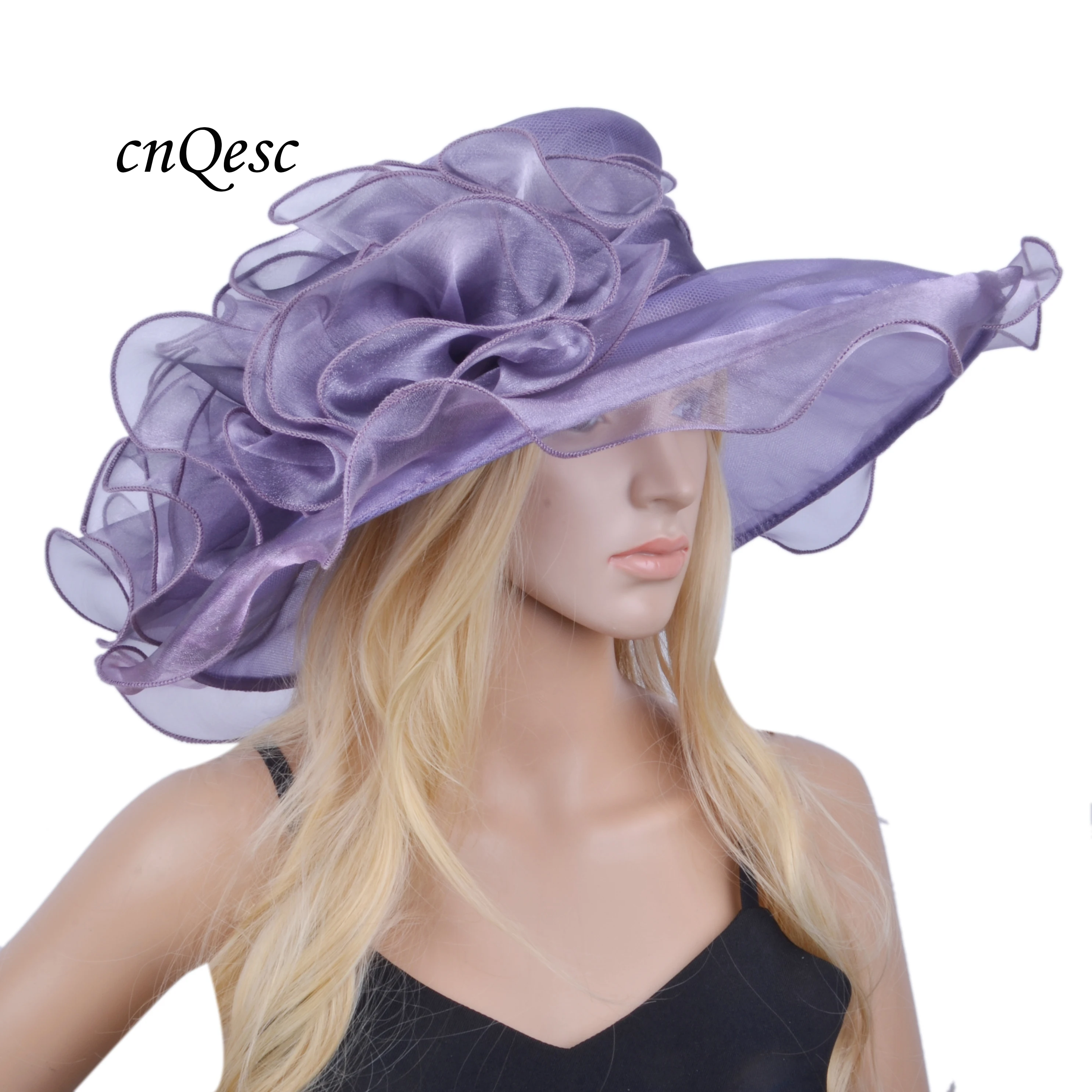 NEW Lavender purple plum Wide brim Crystal organza hats church wedding