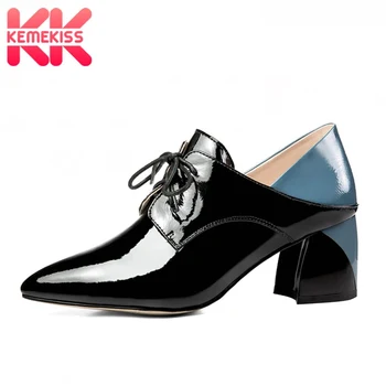 

KemeKiss Real Leather Women Pumps Pointed Toe Mixed Color Shoes Women Thick Heel Lacing Fashion Casual Mujer Zapatos Size 34-39