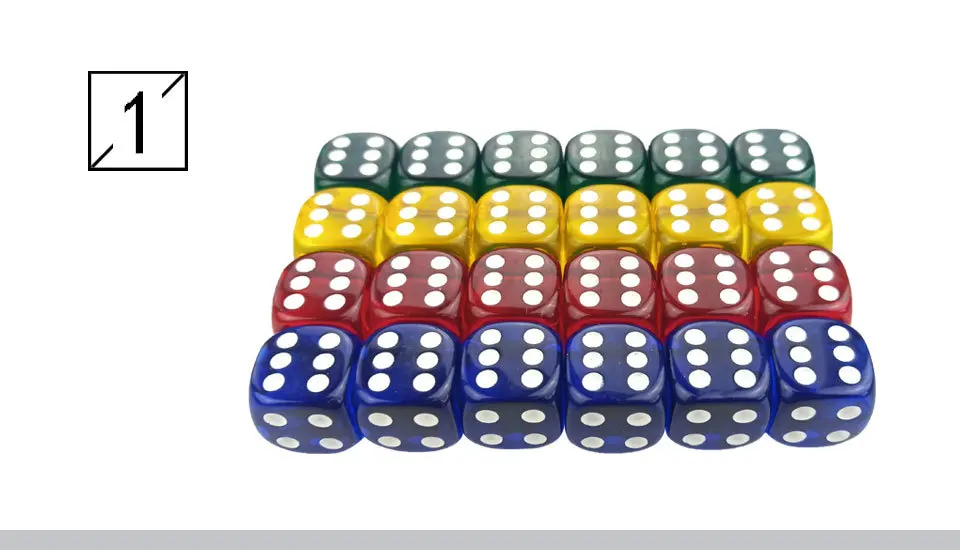 Yernea Acrylic Dice 24Pcs Transparent Color 16mm White Point Dice Set Round Corner Four Color Hexahedron Table Games D6 Club (1)