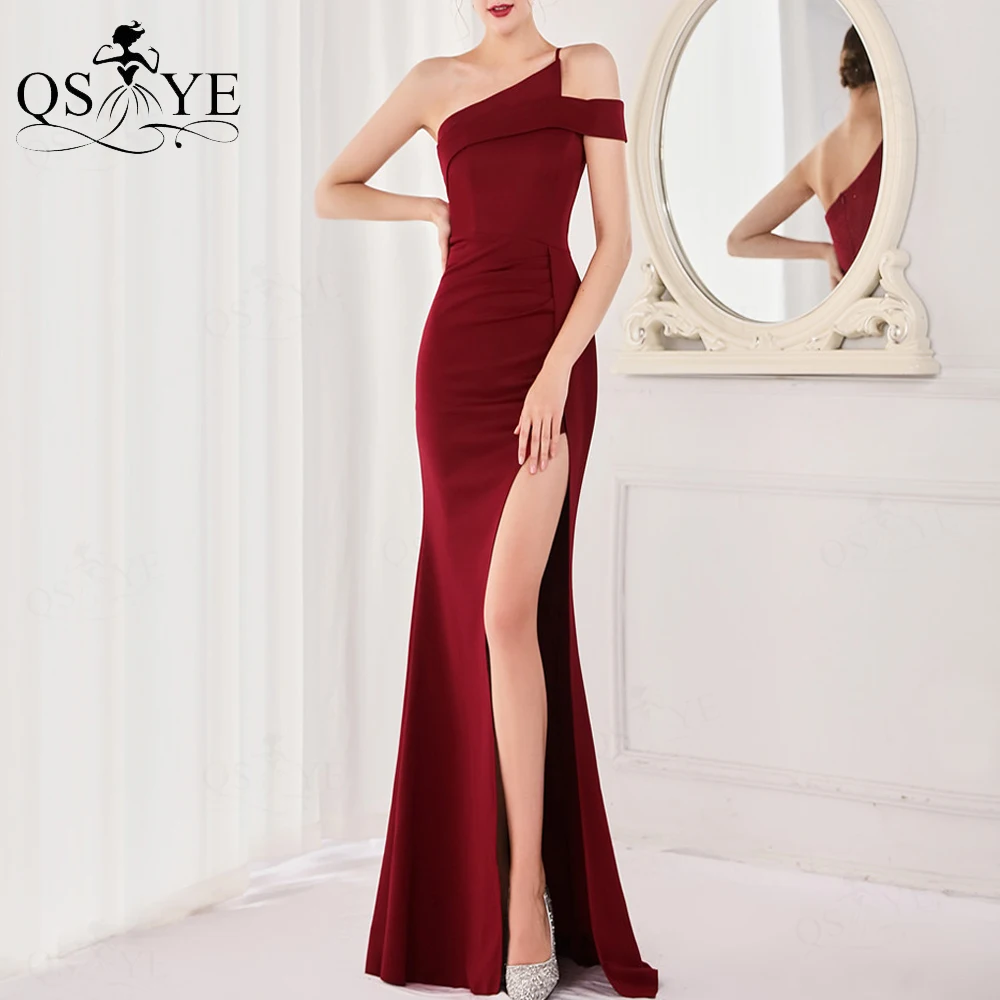One Shoulder Burgundy Prom Dresses Fit Sexy Split Long Party Gown Dark Red Formal Elegant Mermaid Women Evening Dress Bridesmaid yellow formal dresses Prom Dresses