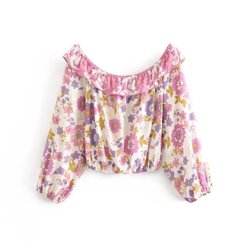 Богемный эластичный пуловер с оборками и вырезом лодочкой с цветочным принтом Женская длинная юбка макси с эластичной резинкой на талии розовый праздничный комплект из 2 предметов