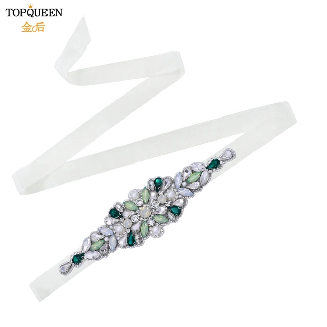TOPQUEEN S443 Luxury Green Rhinestone Bridal Belt Beaded for Formal Evening Dresses Custom Diamond Decorative Belt Handmade organza ivory