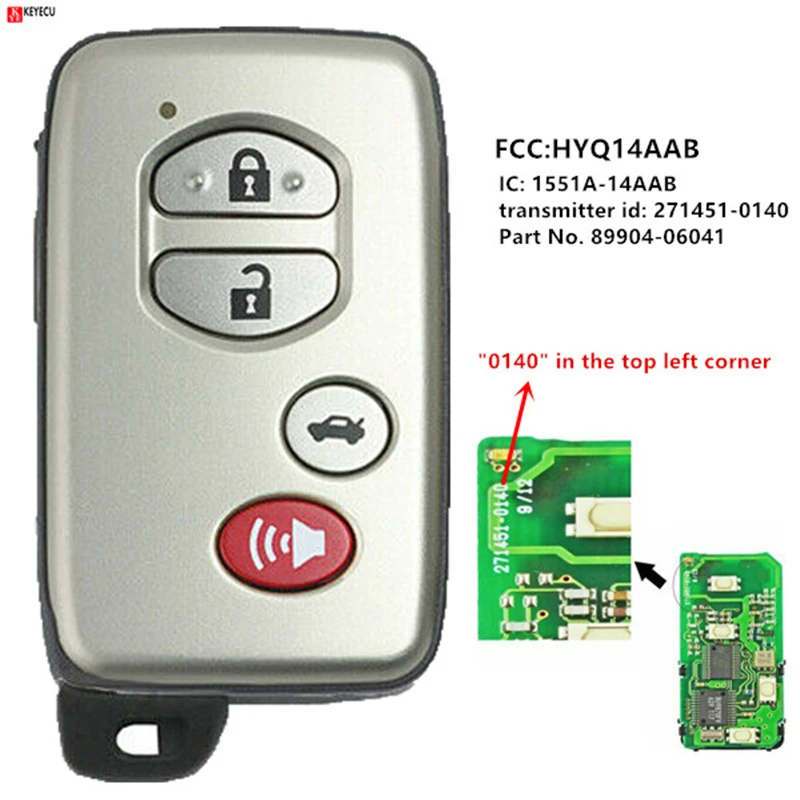 KEYECU для Toyota Camry 2007 2008 Smart Prox ключ дистанционного управления 4 кнопки Fob FCC: HYQ14AAB P/N: 89904-0604" 0140" в верхней левой части corne