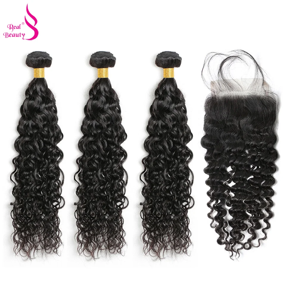 

Malaysian Water Wave Bundles With Closure Human Hair 3 Bundles With Alce Closure Free Part Real Beauty Remy Hair Extension 1B