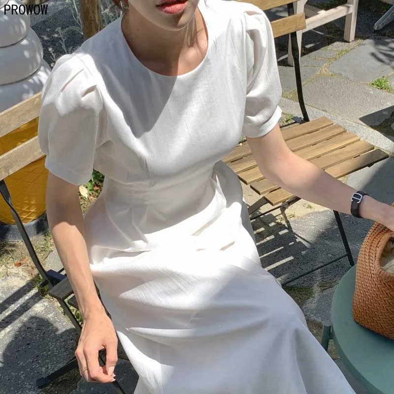 Women Waist Bandage Puff Sleeve Dress Summer New Korean Chic Leisure Dress Retro Elegant Office White Midi Dresses Vestidos 2020