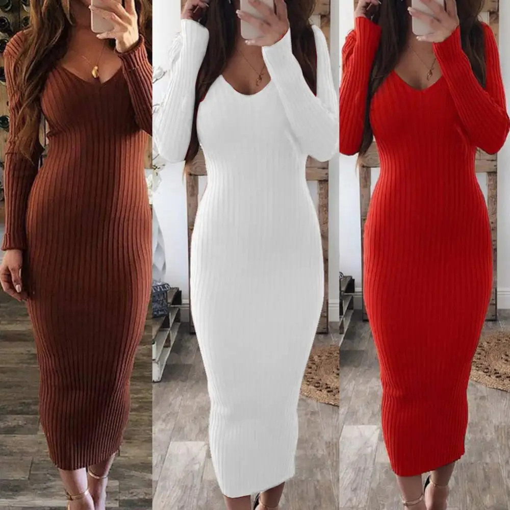 

Hot Sale ！ Christmas Casual Dresses for Women 2021 Sexy Women Long Sleeve V Neck Backless Ribbed Bodycon Slim Knitted Midi Dress