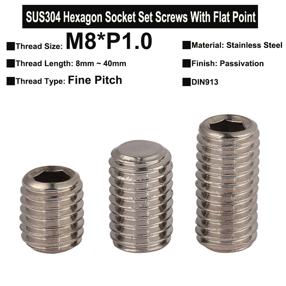 

5Pcs/2Pcs M8xP1.0 Fine Pitch Thread SUS304 Stainless Steel Hexagon Socket Set Screws With Flat Point Headless Screw DIN913