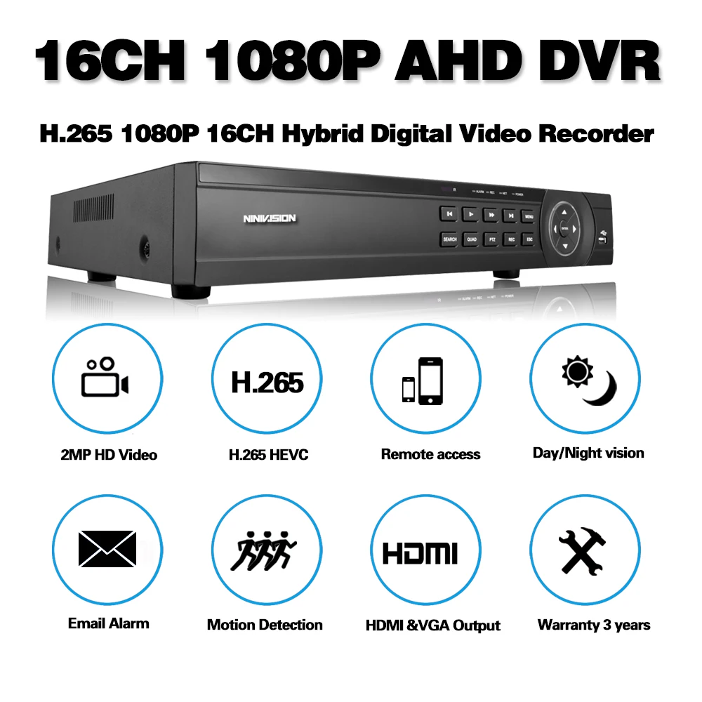 Видеорегистратор NINIVISION 16 каналов AHD DVR TVI CVI HD 1080P H.264 сетевая канальная IP камера