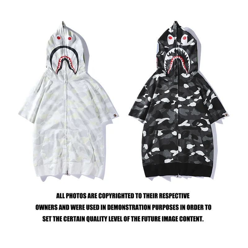 

Spring And Summer New Style Men'S Wear Popular Brand Teenager Camouflage Printed Shark Spot Night Light Hooded T-shirt Black & W