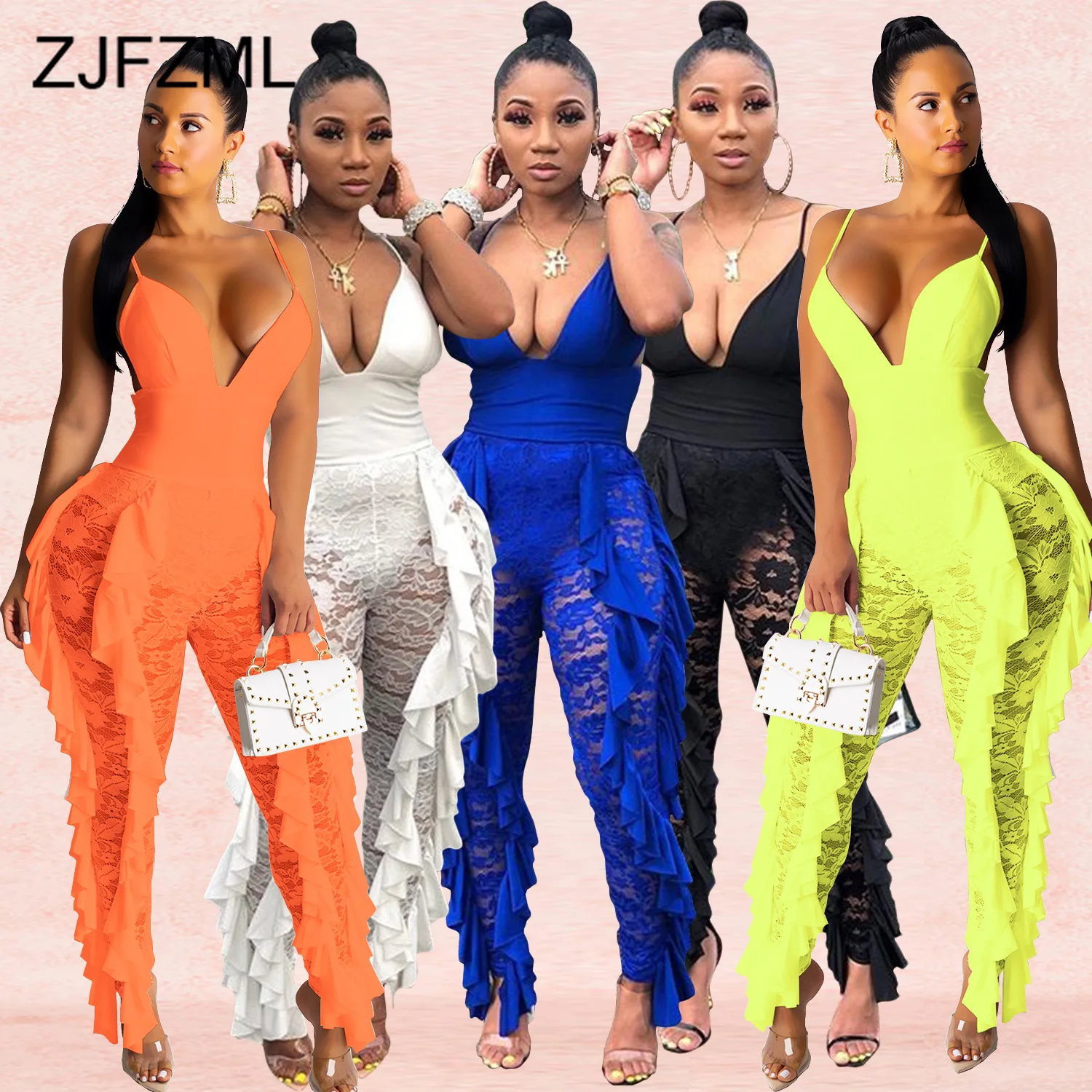 

Lace Patchwork Sexy Overall For Women Spaghetti Strap Cascading Ruffle Party Jumpsuit Autumn Backless See Through Bodycon Romper
