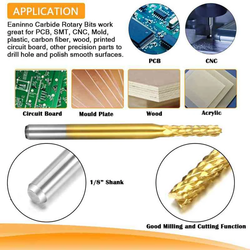 HLZS-10Pcs 0.8Mm-3Mm Carbide End Mill Engraving Bits Cnc Rotary Burrs Set Tool Pcb Mould Plastic Fiber Carbon Fiber Hardwood, 1/